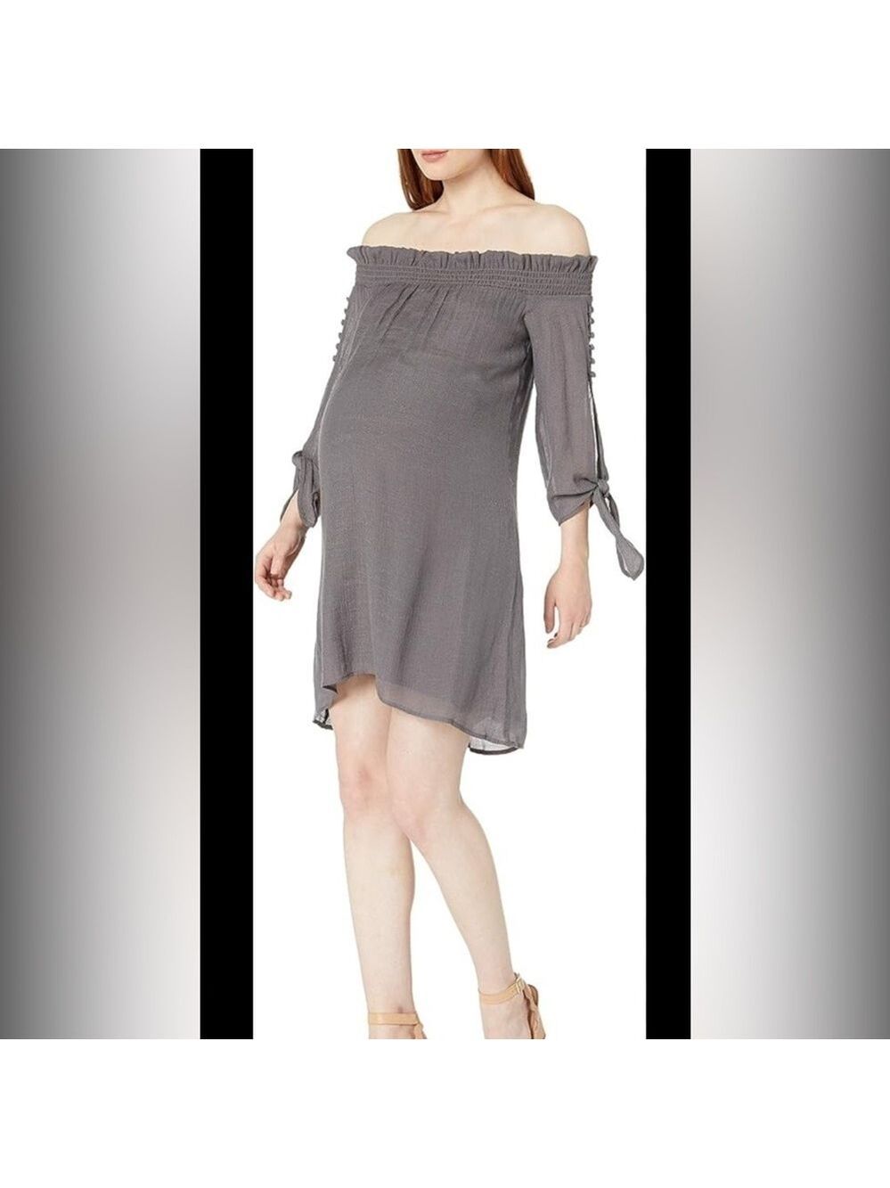 Maternal America Maternity Juliet Off Shoulder Dress Charcoal Gray Medium EUC